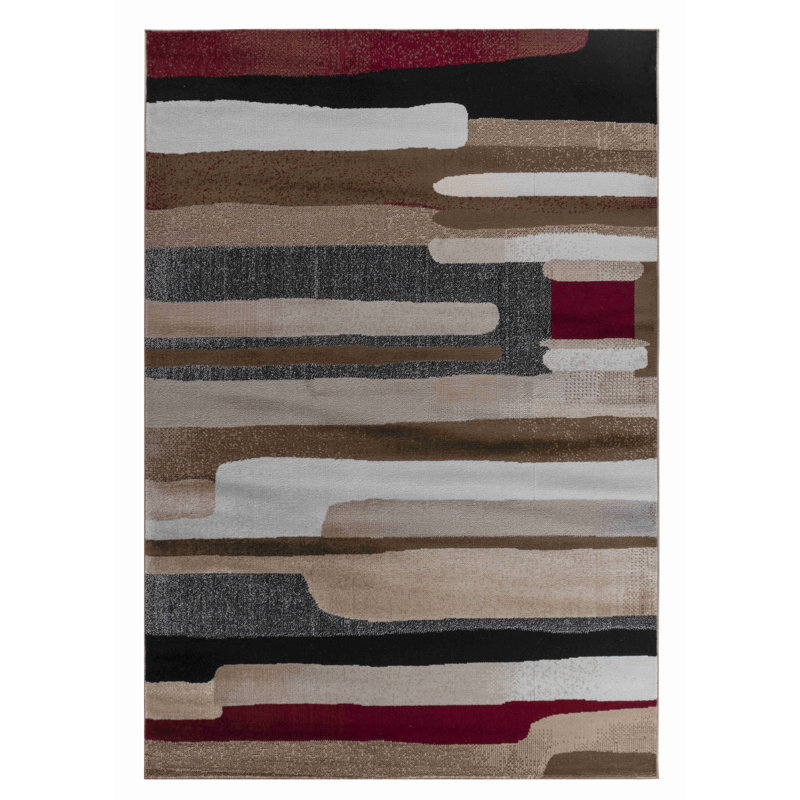 Tapis à motif abstrait brun / rouge 7 pi x 10 pi (6 pi 7 po x 9 pi 6 po) Branch Branch Zaman, tapis contemporain, à poils courts et résistant aux taches - salon, chambre à coucher, salle à manger et cuisine