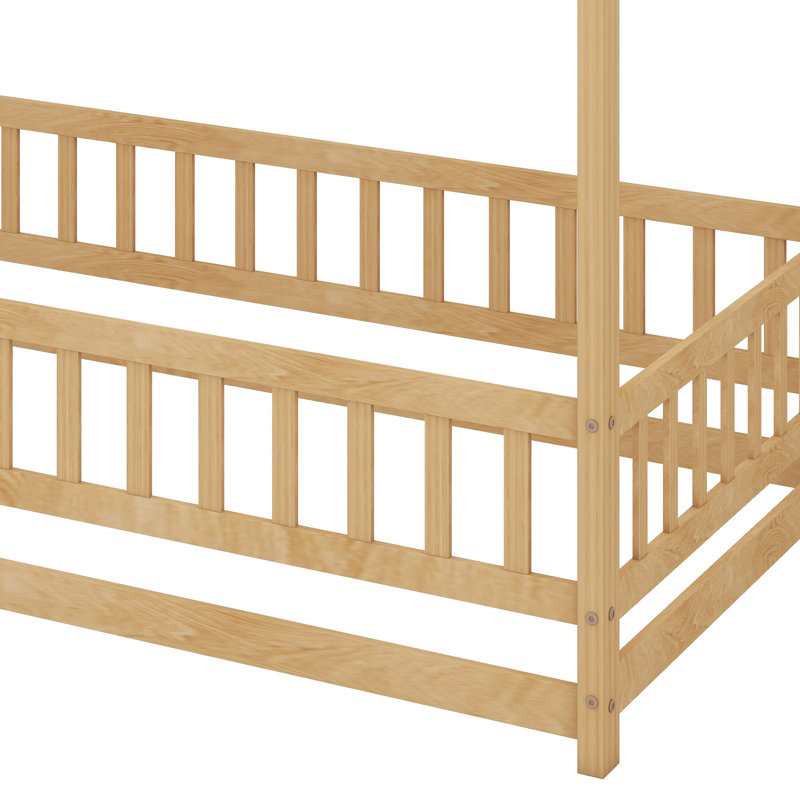 House-Shaped Floor Bed with Roof Frame and Protective Safety Guardrails