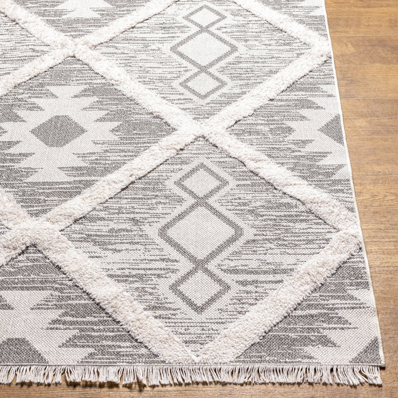 Tapis géométrique en coton tissé à la machine de couleur grise himzo, Rectangle 6 pi 4 po x 9 pi