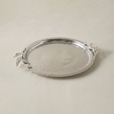 Hammered Oval Serving Tray with Olive Branch Handles, 15.7" Silver-Tone Copper Decorative Tray for Coffee Table, Sideboard & Bar