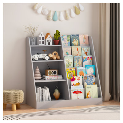 Modern Gray Kids Bookshelf & Toy Storage Organizer - 4 Tier Wooden Bookcase Display Stand for Nursery Playroom
