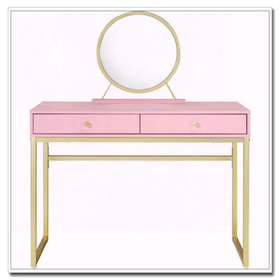 Bureau de coiffeuse 2 tiroirs avec miroir et plateau à bijoux, rose et or