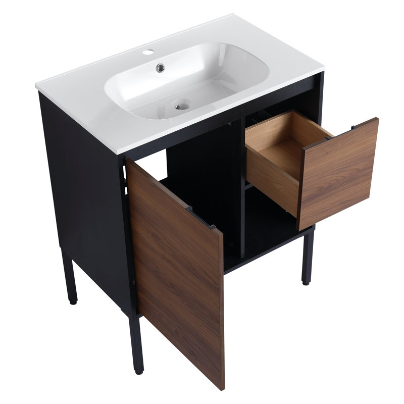 Meuble-lavabo de salle de bain autoportant de 30 po avec lavabo en gel, porte à fermeture en douceur et 2/3 tiroirs à fermeture en douceur