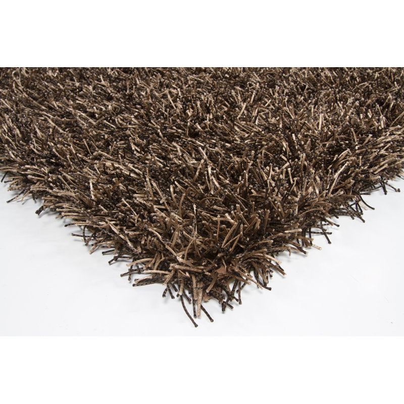 Tapis Arae authentique tissé à la main, à poils longs, moderne et décontracté, en polyester shaggy, Black Brown
