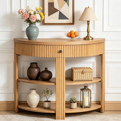Console demi-lune cannelée de style champêtre avec tiroir et tablette, table d'entrée en bois massif pour couloir, salon et hall d'entrée