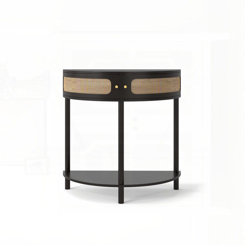 Half-Moon Rattan Console Table with 2 Drawers and Bottom Shelf, Black