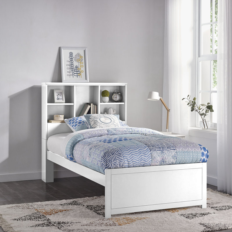 Lit plateforme simple en bois manufacturé et en bois l 42,36 po avec bibliothèque, Blanc