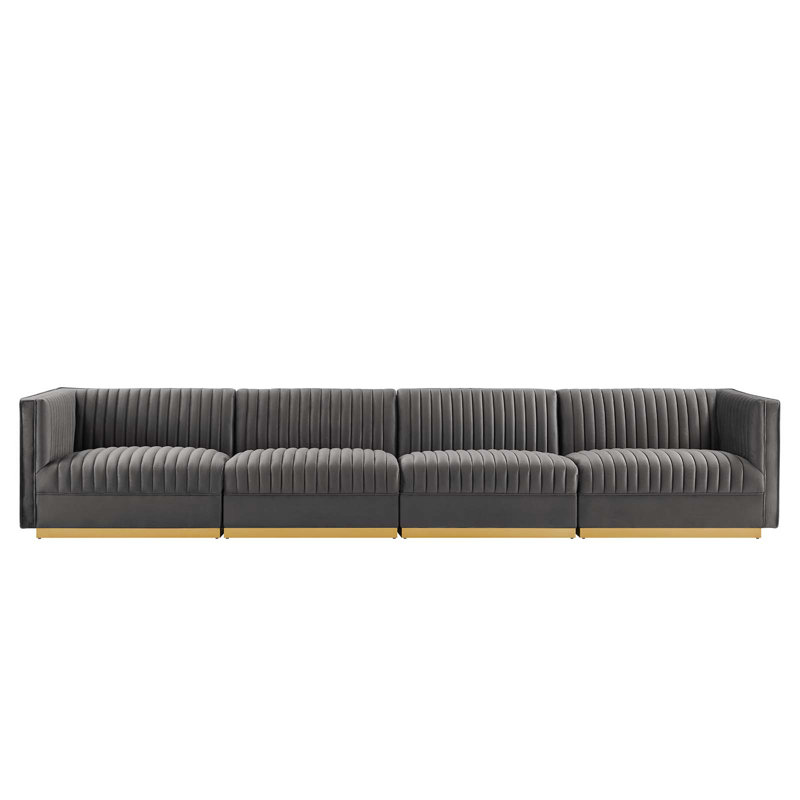 Modway Sanguine Channel Tufted Performance Velvet 3-Seat Modular Sectional Sofa, Gray 100% Linen