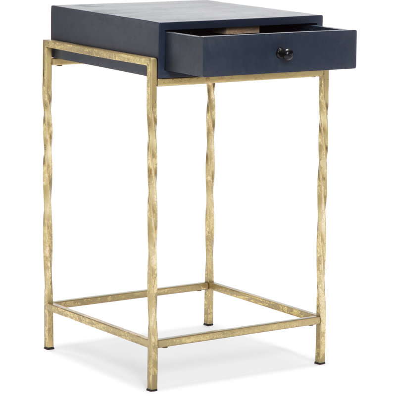Navy Blue Mango Wood Accent Table with Gold Metal Frame