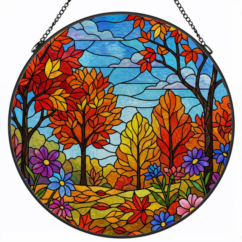 7.8"H Autumn Landscape Stained Glass Window Panel, 7.8" H x 7.8" W