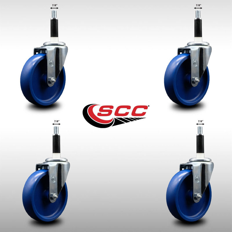 5 Inch SS Solid Poly Wheel Swivel 7/8 Inch Expanding Stem Caster Set SCC