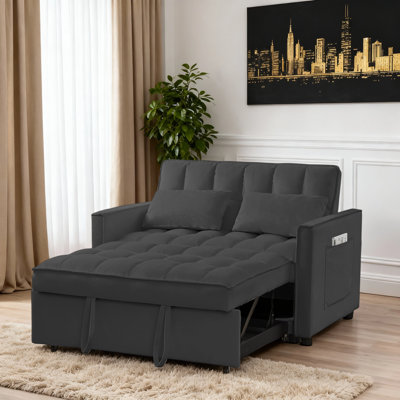 53" Velvet Convertible Sleeper Loveseat, Space-saving Sofa Bed With Tufted Design & Side Pocket