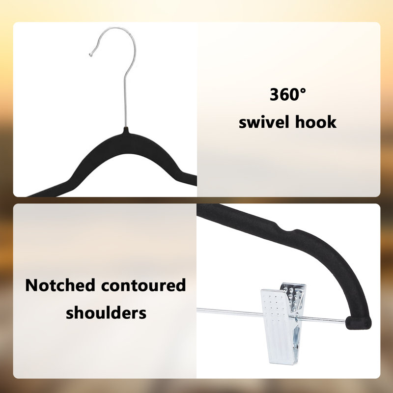 Velvet Non-Slip Skirt Hangers With Clips, Black, 50
