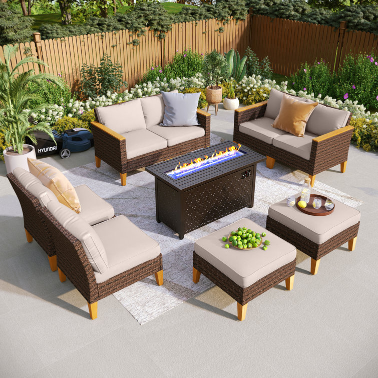 Phenice 9 - Person Wicker Outdoor Patio Conversation Furniture Sectional Set with Fire Pit Table