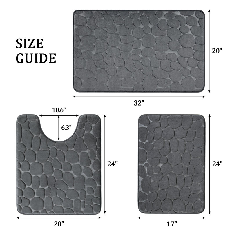 3 Piece Plush Memory Foam Bath Rug Set with Non-Slip Backing and High Absorbency, Dark Gray