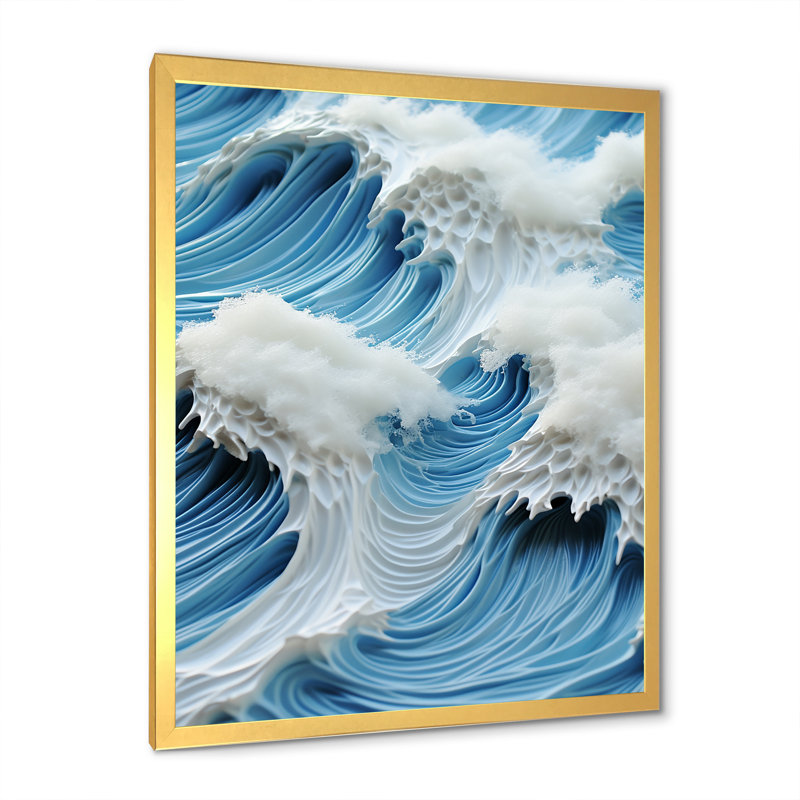 Collage de vagues blanches et bleues - art mural vagues côtières, Cadre doré simple, H 40 po x l 30 po x P 1,5 po