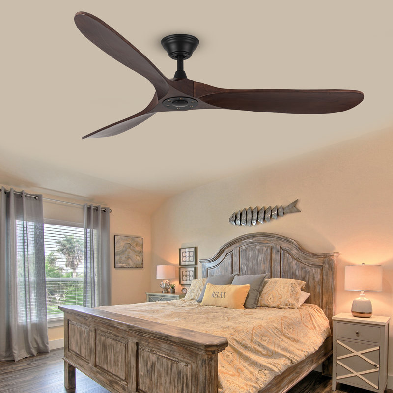 Solid Wood Ceiling Fan with  Remote, 152cm, Brown