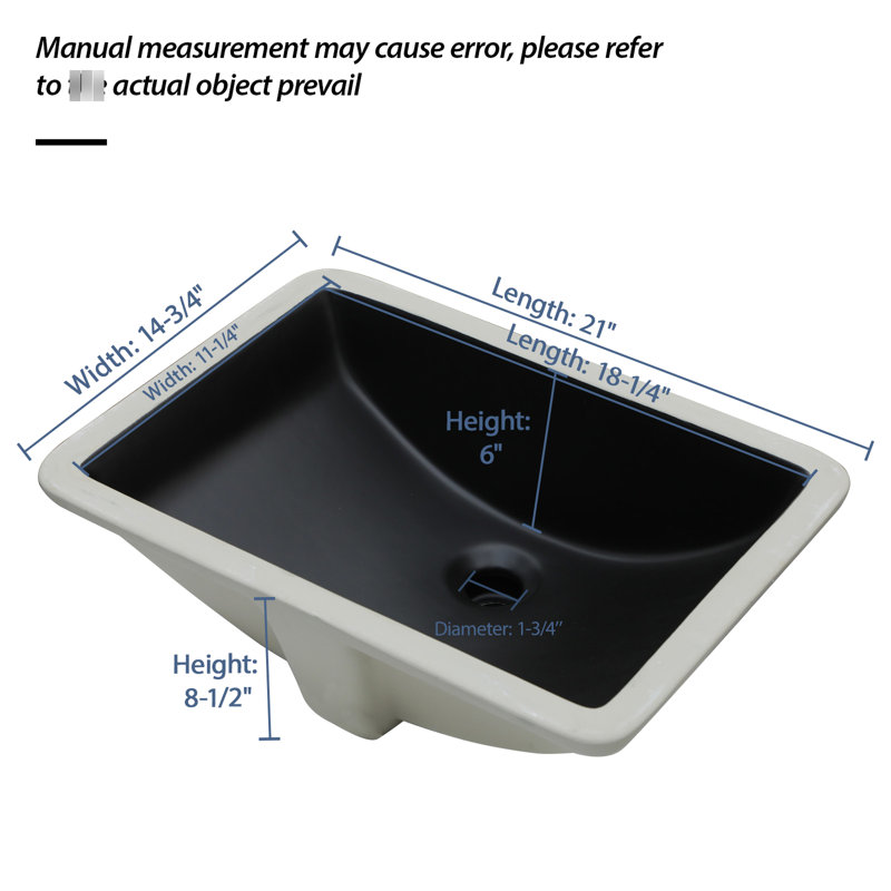 Lavabo de salle de bain en céramique noire 21 po x 14,31 po, surface brillante lisse, conception de drainage efficace, lavabo encastré vertical 21 po x 14,31 po, style moderne et élégant, teinture, peu encombrant pour la salle de bain
