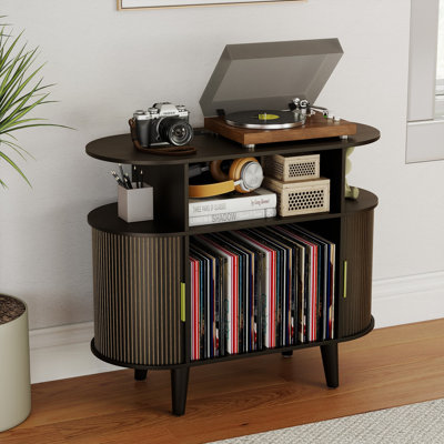 Round Record Player Stand With Charging Station, Turntable Stand Table With Open Storage, Audio Rack