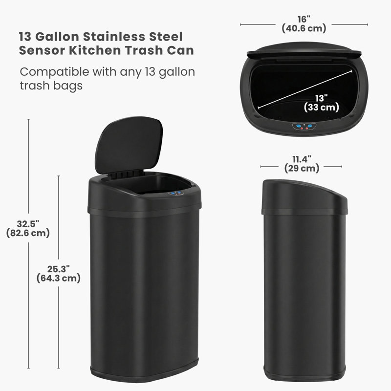 Deodorizer Stainless Steel 13 Gallon Motion Sensor Trash Can, Matte Black