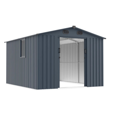 8X10 FT Outdoor Storage Shed, Large Metal Tool Sheds With Window And Lockable Doors, Garden Shed For Backyard Garden Patio Lawn, Dark Grey