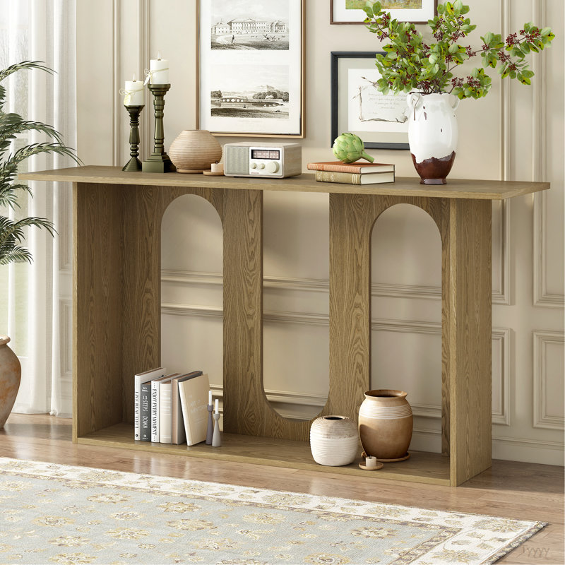 Modern And Curved Design Ash Veneer Console Table With Shelf,Suitable For Entryway,Hallway Living Room,Foyer,Corridor