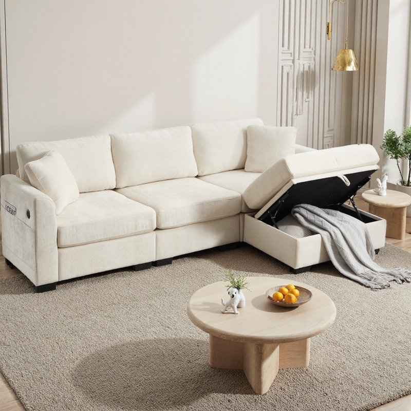Canapé modulaire en L surdimensionné en chenille avec deux ports USB, banc de rangement pour repose-pieds et 2 poches latérales, canapé à 4 places pour le salon