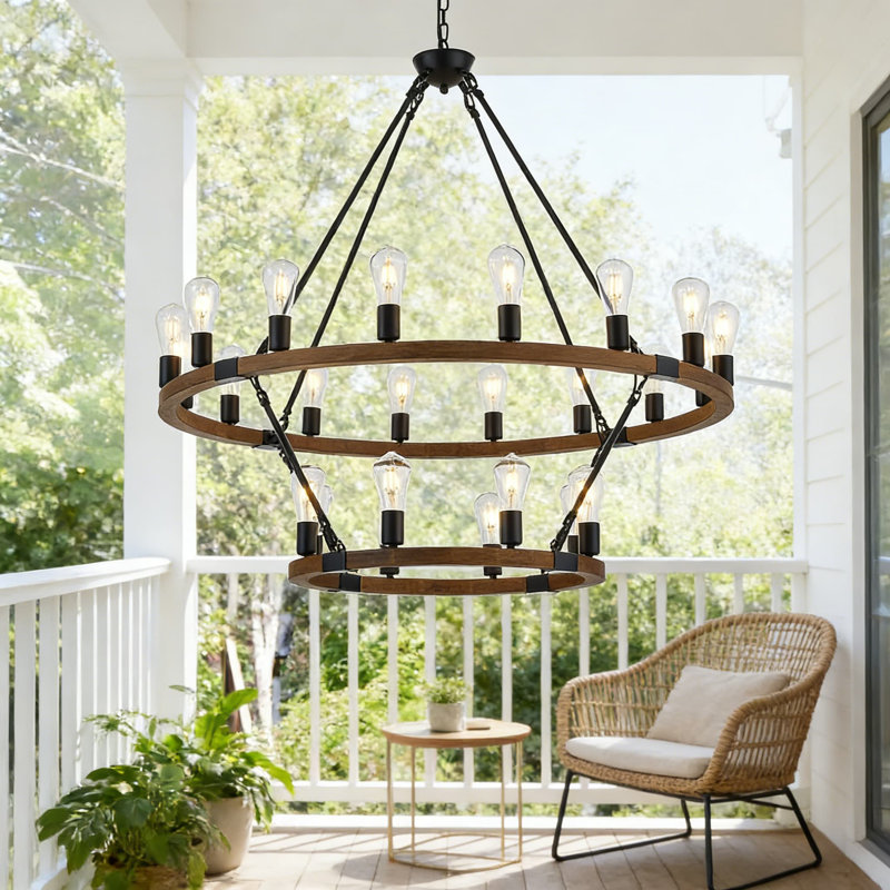 Double Tier Wagon Wheel Chandelier - 24-Light Rustic Farmhouse Wood And Metal Light Fixture For High Ceiling Living Room, Dining Room, Or Foyer