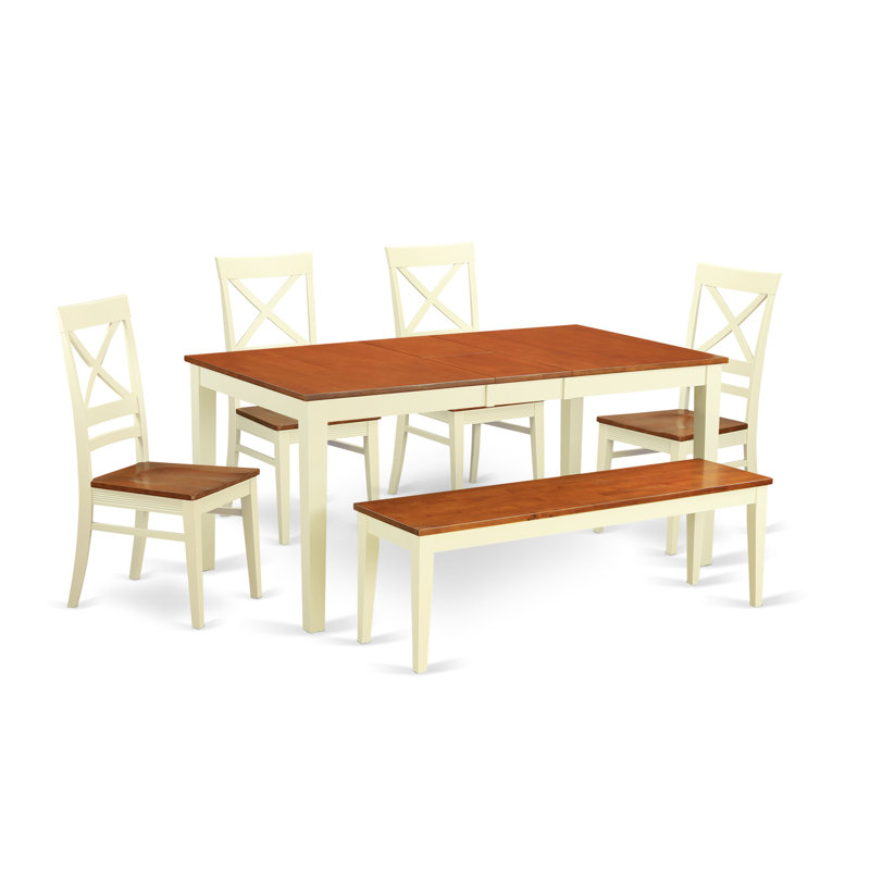Ensemble de table de cuisine 6 pièces comprenant une table rectangulaire à rallonge papillon, 4 chaises et une banquette, de couleur babeurre et cerisier.