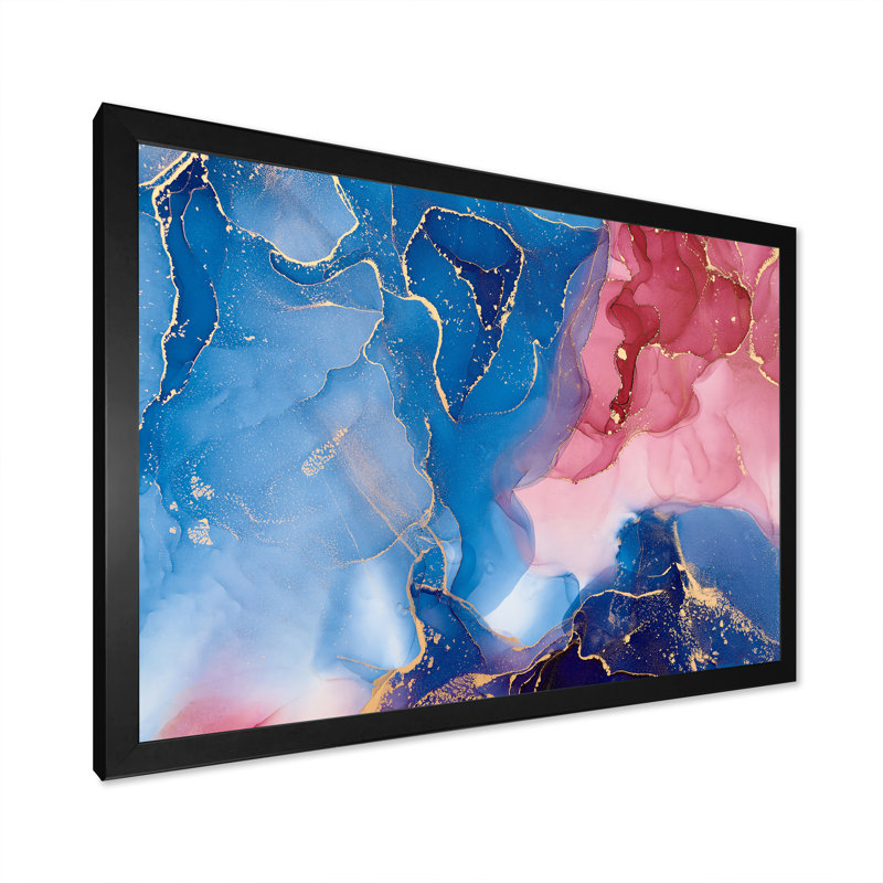Bleu et mauve luxueux abstrait fluide II - peinture sur toile, Cadre photo noir, H 12 po x l 20 po x P 1 po