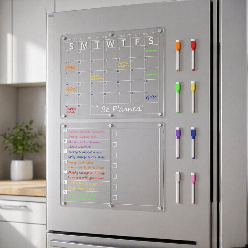 Calendrier de réfrigérateur magnétique transparent en acrylique et plan de repas, tableau de menu de réfrigérateur effaçable à sec deux fois par mois et par semaine pour la cuisine, livré avec 8 marqueurs de couleur
