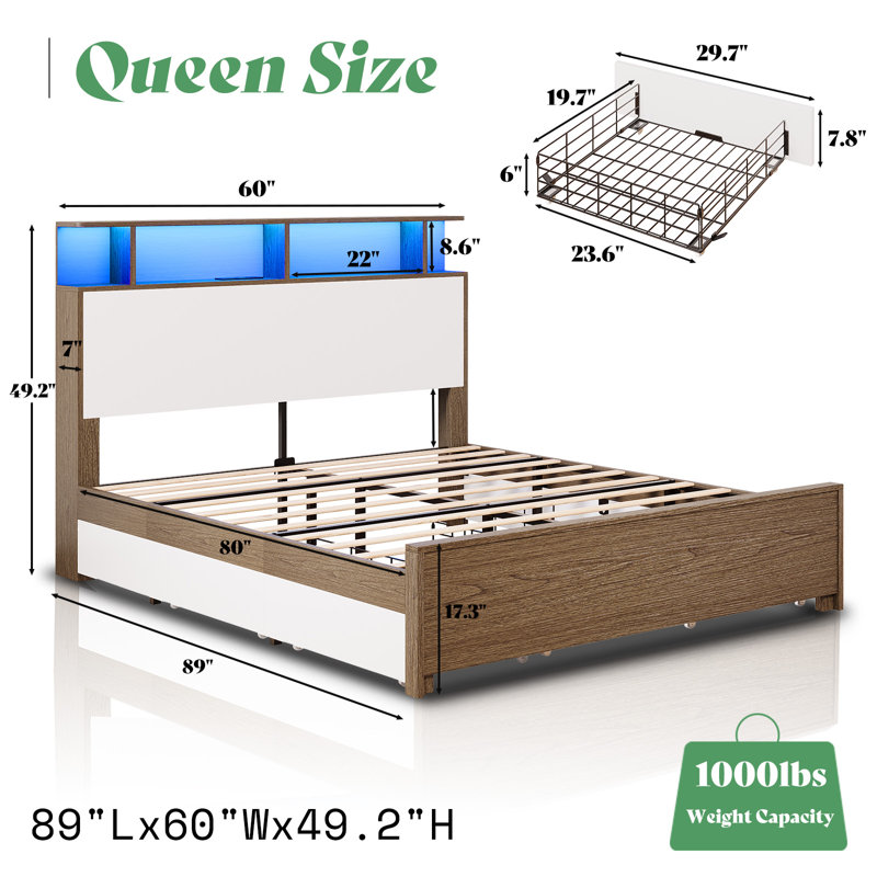 Queen Bed Frame With Led Bookcase Headboard, Brown