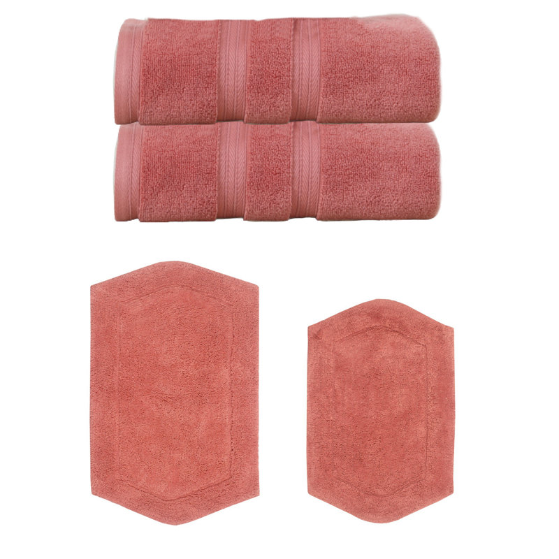 Bryd Collection 100% Soft Cotton 2 Pc Bath Towel Set & 2 Pc Bath Rug Set, (Set of 4), Coral