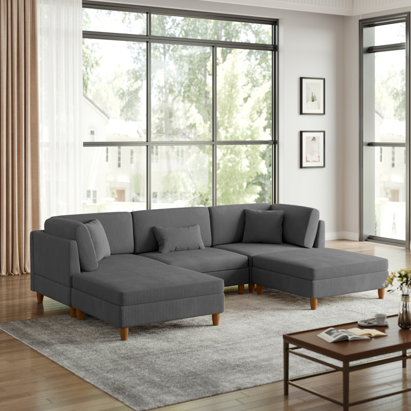Seemab 5 - Piece Upholstered Gray Corduroy Modular Sectional with Pillow Back and Removable Ottoman, Gray