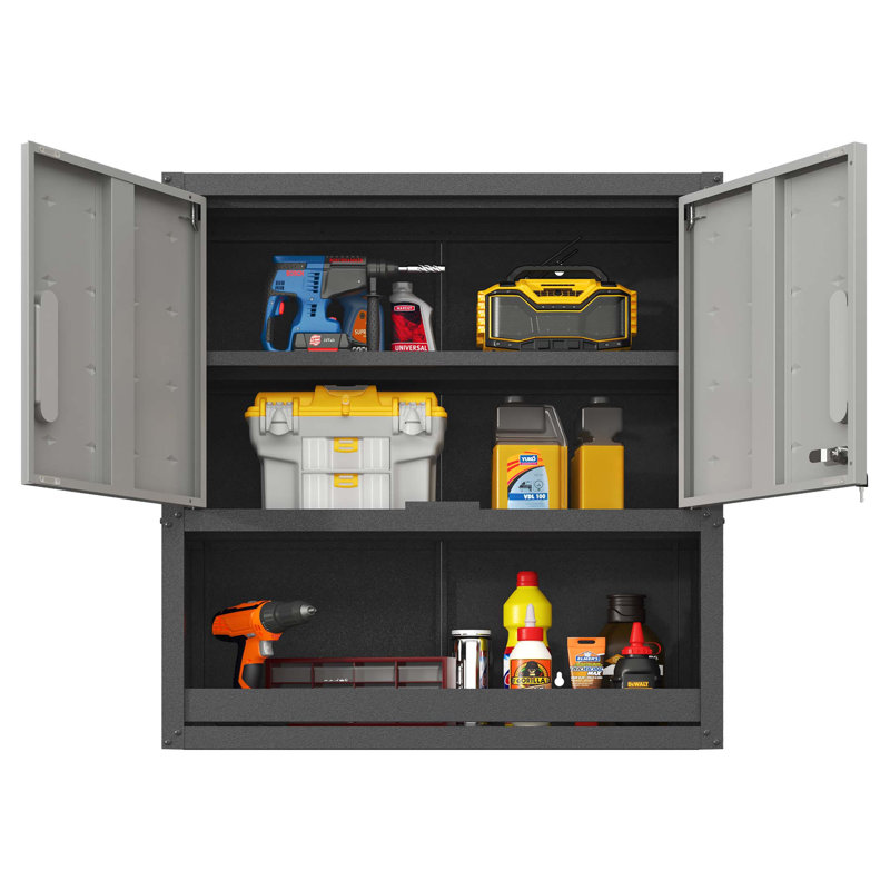 Armoire de rangement murale en métal avec porte verrouillable et 1 tablette 1 tiroir ouvert pour garage, entrepôt, assemblage requis