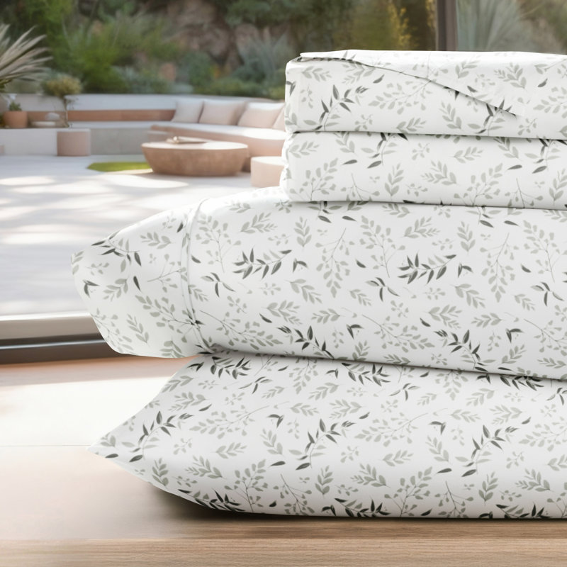 Ensemble de draps en microfibre à motif floral 4 pièces, Très grand californien, Tossed Foliage Eucalyptus