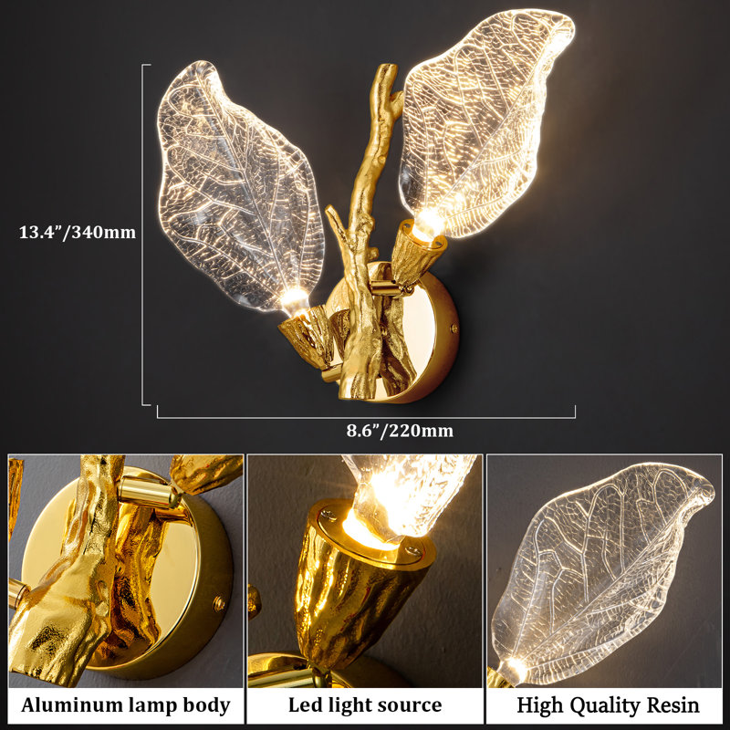 2Pcs-Led Leaf Wall Sconces For Living Room Vanity Lighting Fixtures, Gold