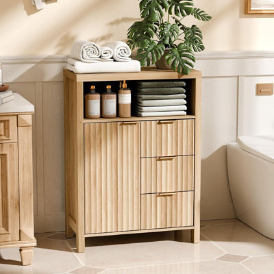 Fluted Bathroom Floor Storage Cabinet With Fluted Door 3 Drawers,modern 12 Inch Deep Short Bathroom Storage Cabinet Organizer Free-standing For Small Space W/adjustable Shelf,natural Oak Color