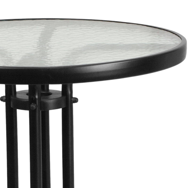 Amlie 23.75" Round Tempered Glass Metal Table with Smooth Ripple Design Top, Clear/Black