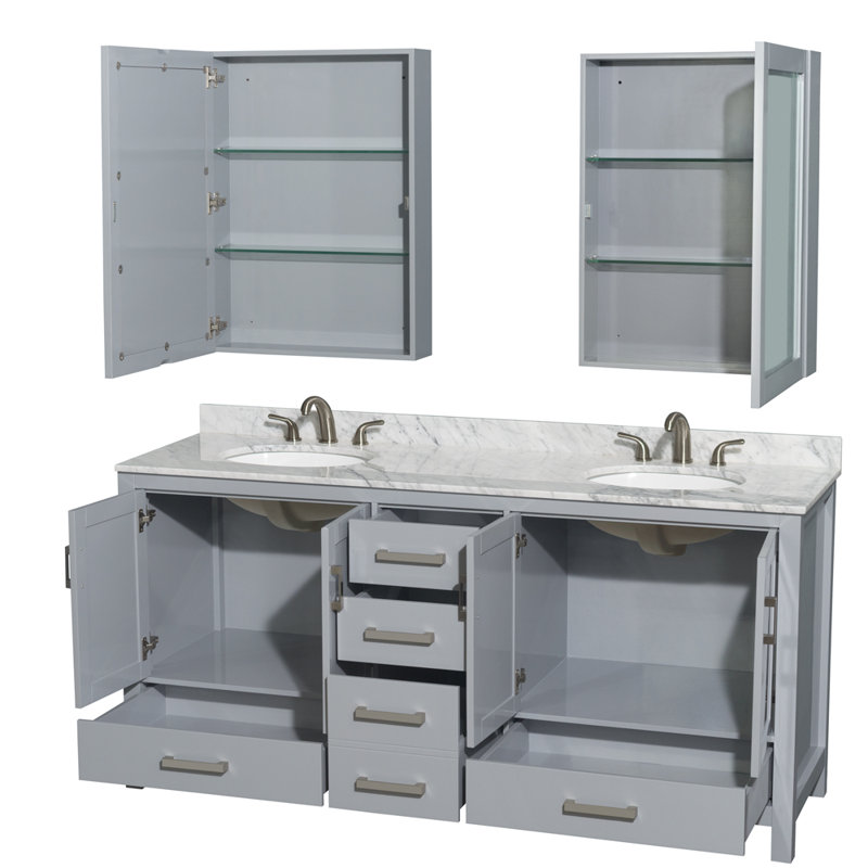 Sheffield 60" Freestanding Double Bathroom Vanity with Marble Top with Medicine Cabinets, Brushed Chrome, Gray, 8" Centers