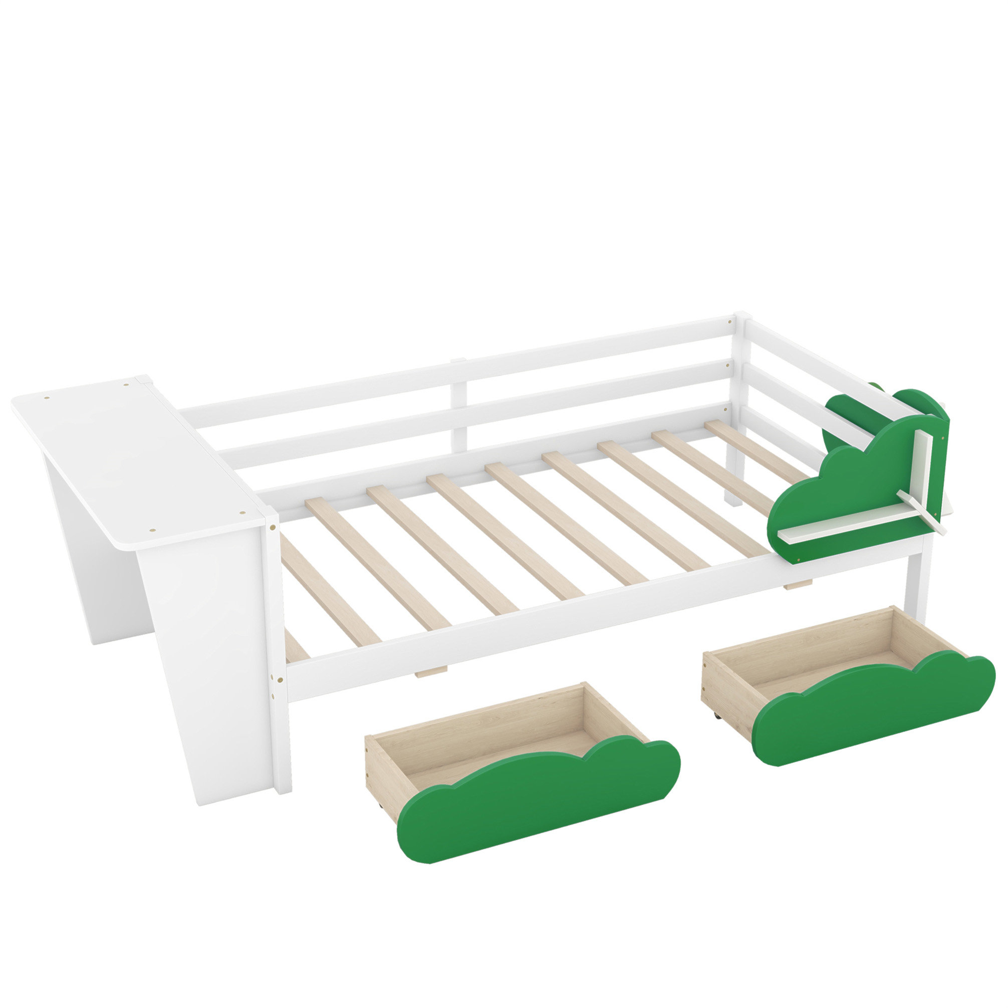 STYLISH Twin Size Daybed With Desk, Green Leaf Shape Drawers And