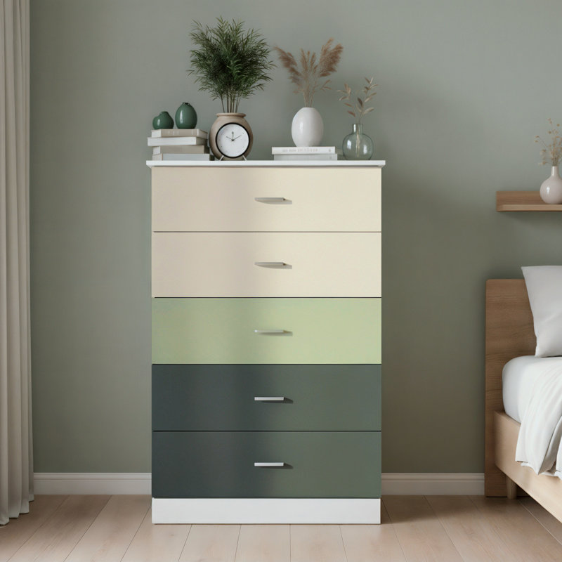 Commode 5 tiroirs Allyannah, Blanc / parchemin / vert sauge / vert chou frisé