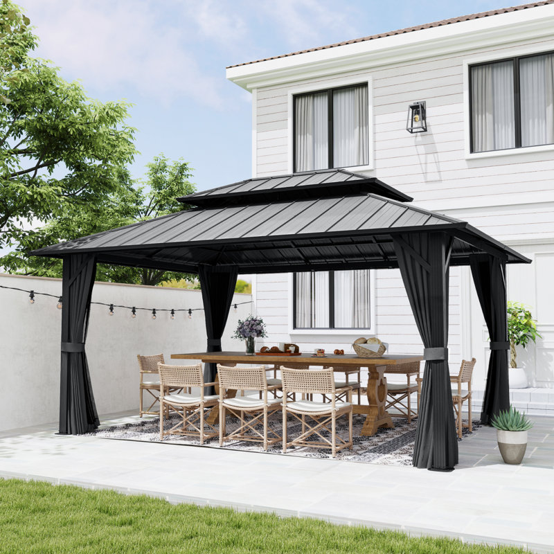 Double Roof Hardtop Metal Patio Gazebo with Curtains and Netting, Gray, Gray, 77.2"H x 168"W x 122.4"D