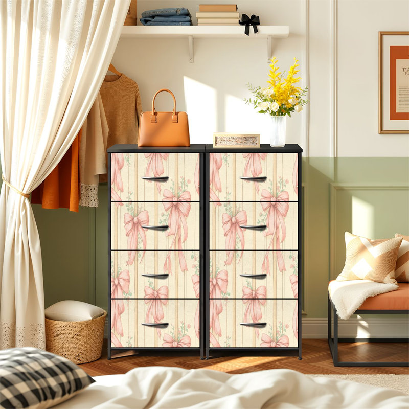 Commode de rangement verticale 4 tiroirs avec rubans décoratifs roses et plateau en bois