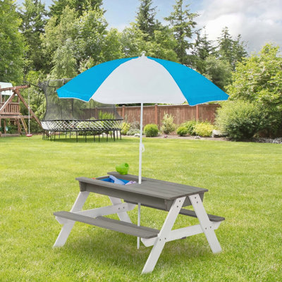 Table de pique-nique en bois pour enfants 3 en 1 avec parasol, sable et mer convertible, certification ASTM et CPSIA grise