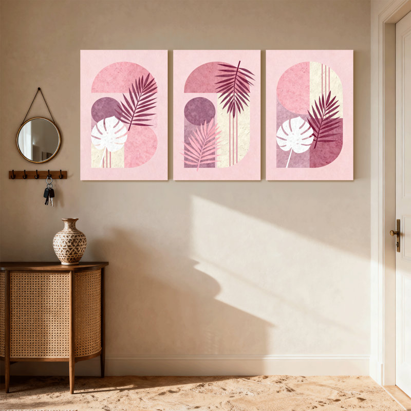 Ensemble de 3 reproductions d'art contemporain sur toile à motif de feuilles tropicales roses et bohème contemporaines