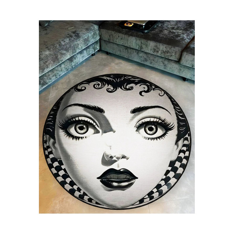 Black And Beige Vintage Woven Carpet With A Woman's Face Pattern, Round 2'8"