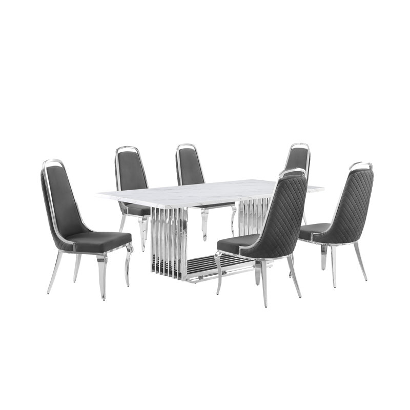 Ensemble de salle à manger rectangulaire L 79 po x l 40 po Kenne, 7, Gris / argent, Argent