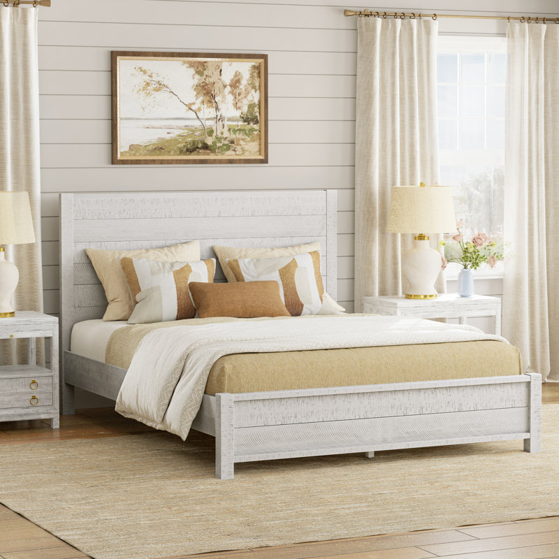 Echo Farmhouse Solid Wood Platform Bed, Distressed Panel Bed Frame, Rustic Country Cottage Style, Rustic White, Queen