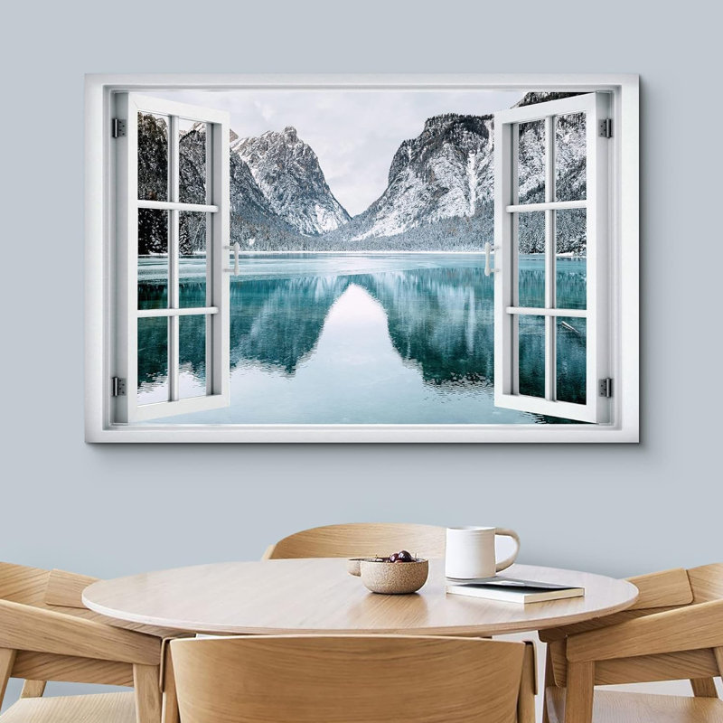 Fenêtre, paysage, «Vue de la fenêtre, chaîne de montagnes enneigées, lac, reflet de la nature, paysages pittoresques» sur